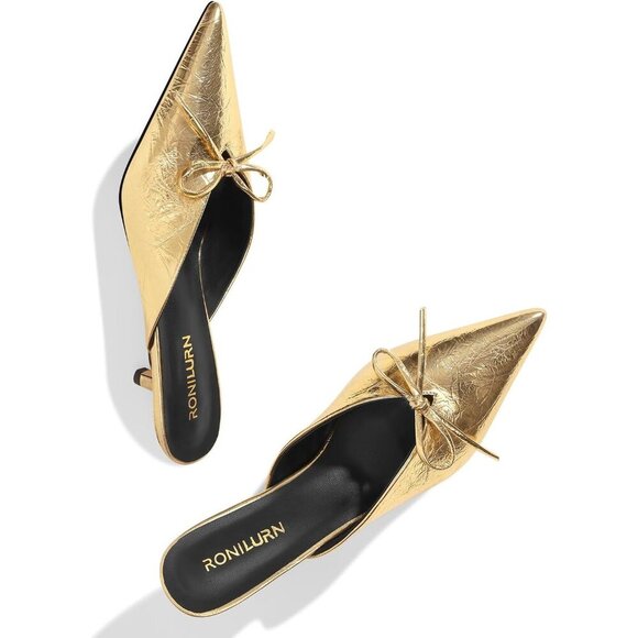 RONILURN Kitten Heel Gold Faux Leather Women Pumps Bow Closed Toe Pointed Toe - Picture 4 of 8